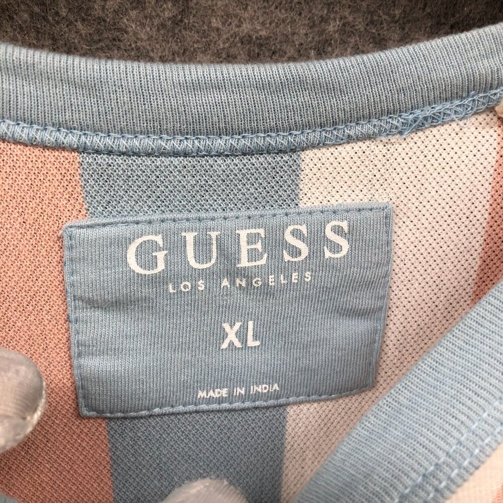 Guess Knit T Shirt Mens XL Cotton Crewneck Short Sleeve Striped Peach‎ Blue Long - Picture 5 of 8
